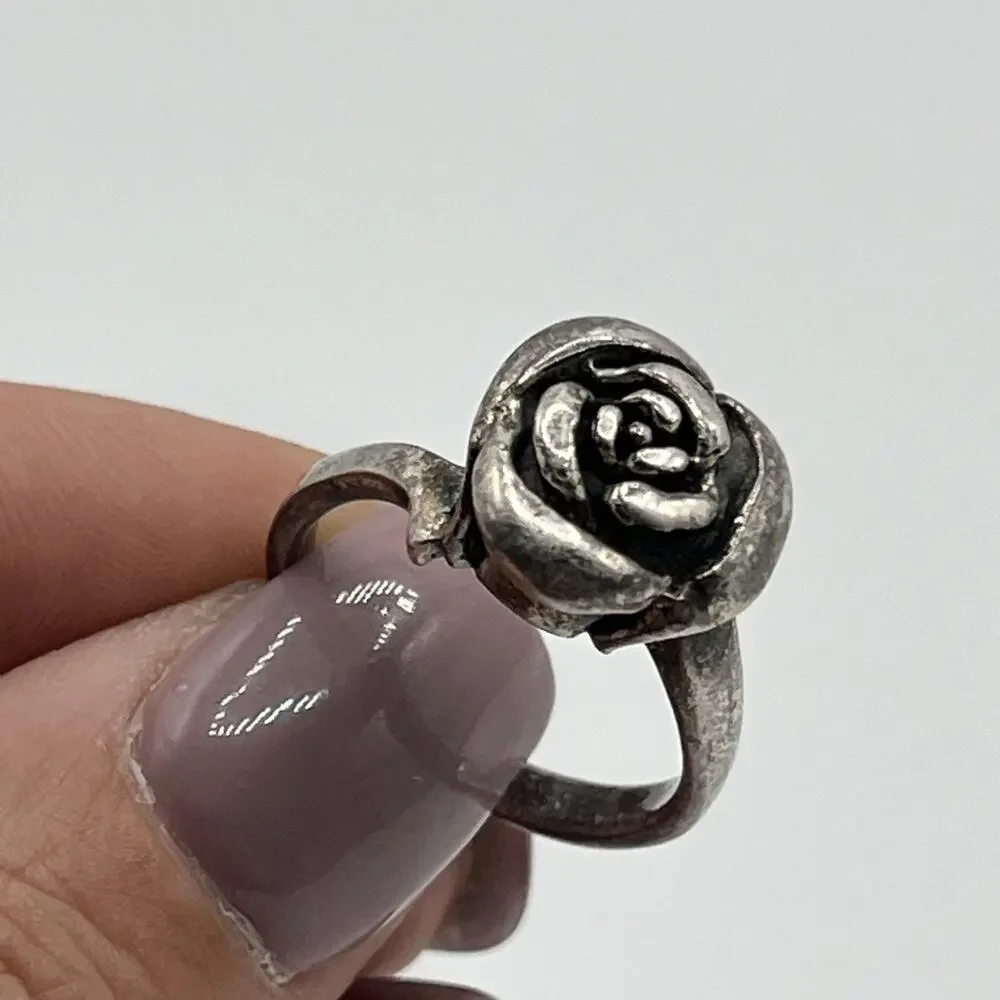 Oxidized Silver 925 Rose Flower Ring Handcrafted Sterling Silver Rose Ring Vntg